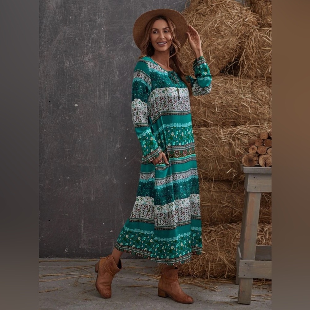 #235 Modest Tribal Floral Long Sleeve Dress - Picture 4 of 17